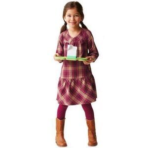 Gap Kids girls tan brown pink plaid drop waist long sleeve dress holiday 6 7 S